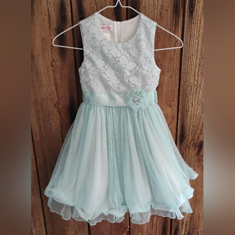 Jessica Ann Teal & White Dress Girls Sz 5 Layered Butterfly Flowy Lined Tulle